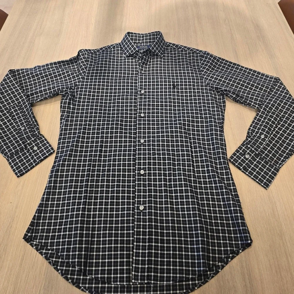 Polo Ralph Lauren Mens Small Navy Blue White Grid Check Button Down Shirt Cotton